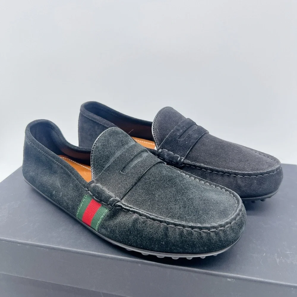 Gucci Web Accent Penny Slip On Loafers Driver Shoe Black Suede Wms UK 6 US 9 - Picture 3 of 15